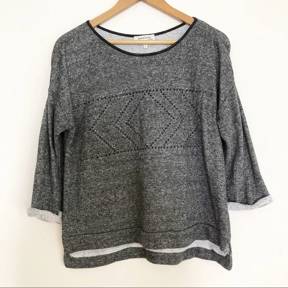 🍁 Monteau | Gray Embellished Rolled Sleeve Top